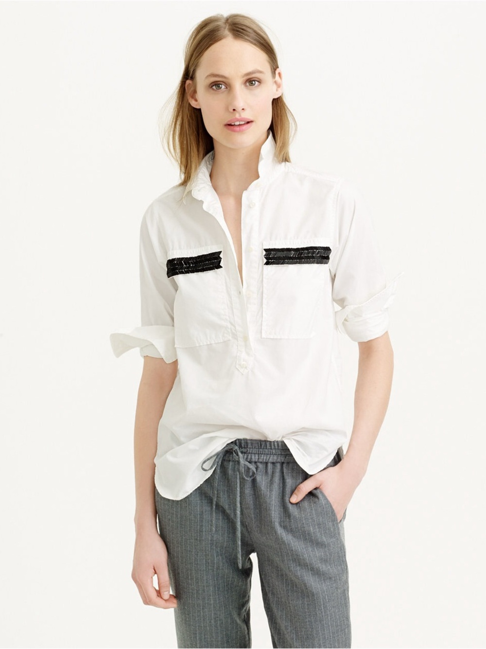 White Popover Shirt with Black Trim